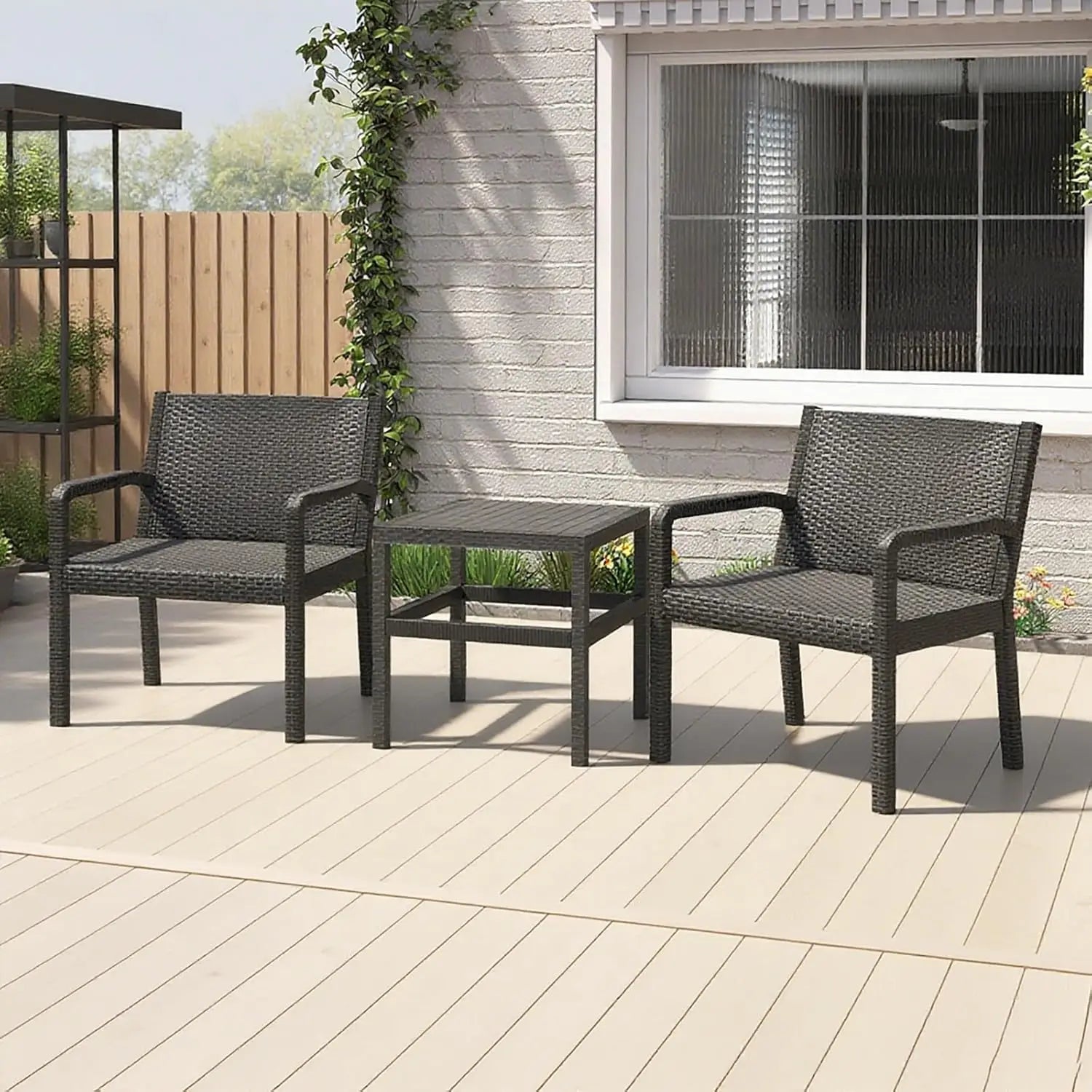 3 Piece Patio Furniture Set, Outdoor PP Rattan Wicker Furniture Set with 2 Modern Rattan Armchair and 25” Squire, Customized