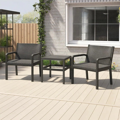 3 Piece Patio Furniture Set, Outdoor PP Rattan Wicker Furniture Set with 2 Modern Rattan Armchair and 25” Squire, Customized