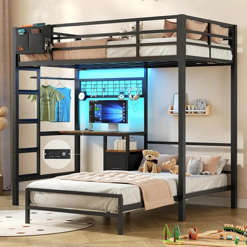 Bunk Bed with Desk,Led Lights and Charging Station Metal L-Shaped Twin Over Twin Bunk Beds with Storage Drawers and Shelv