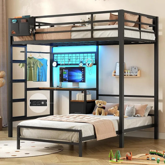 Bunk Bed with Desk,Led Lights and Charging Station Metal L-Shaped Twin Over Twin Bunk Beds with Storage Drawers and Shelv