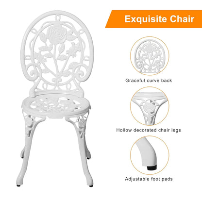 3pc Cast Aluminum Bistro Set, Rose Pattern Outdoor Garden Balcony, Rust &amp; All-Weather Resistant, White, Customized