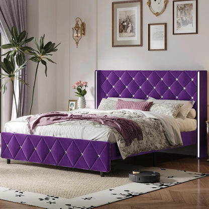 Queen Bed Frame with Headboard, Velvet Upholstered Bed with Wingback and Diamond Tufted Design, Wood Slat Support,, Customized