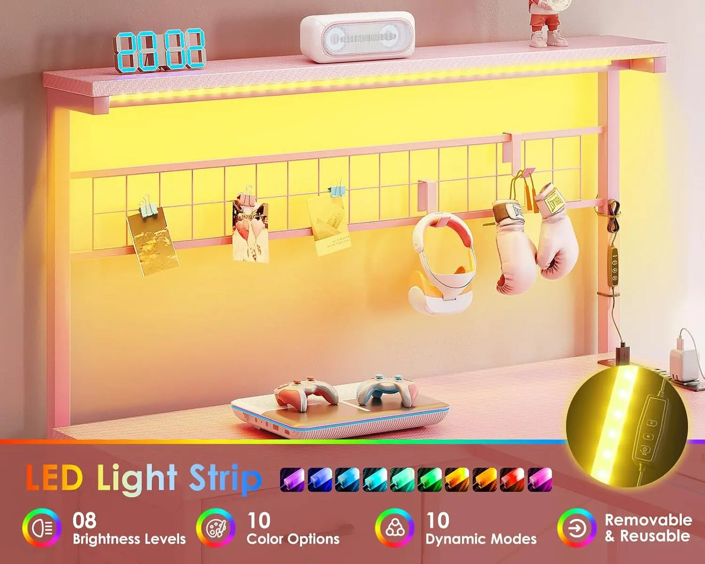 L Shaped Gaming Desk With LED Light Power Outlet Shelves