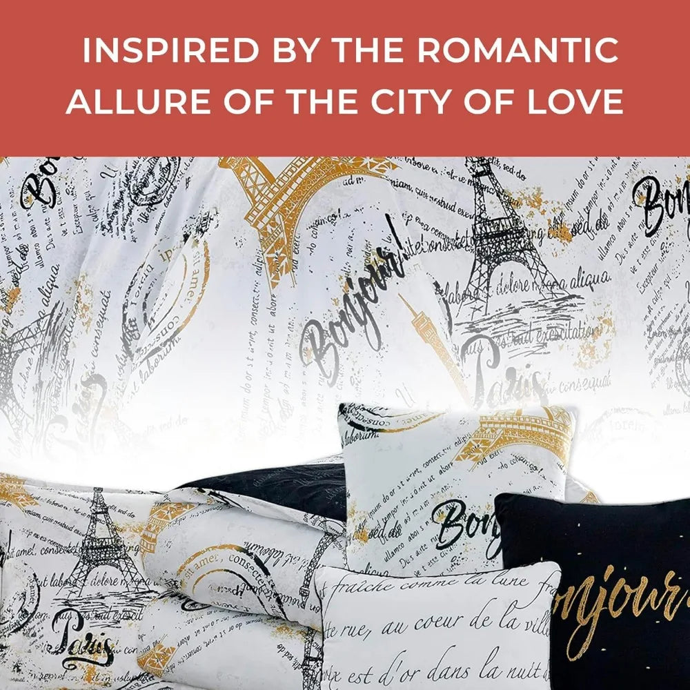 Queen Size Paris Comforter Set in a Bag - 7 Piece Paris Bedroom Comforter Set with Shams, Bedskirt Cushions, Eiffel Tower Beddi