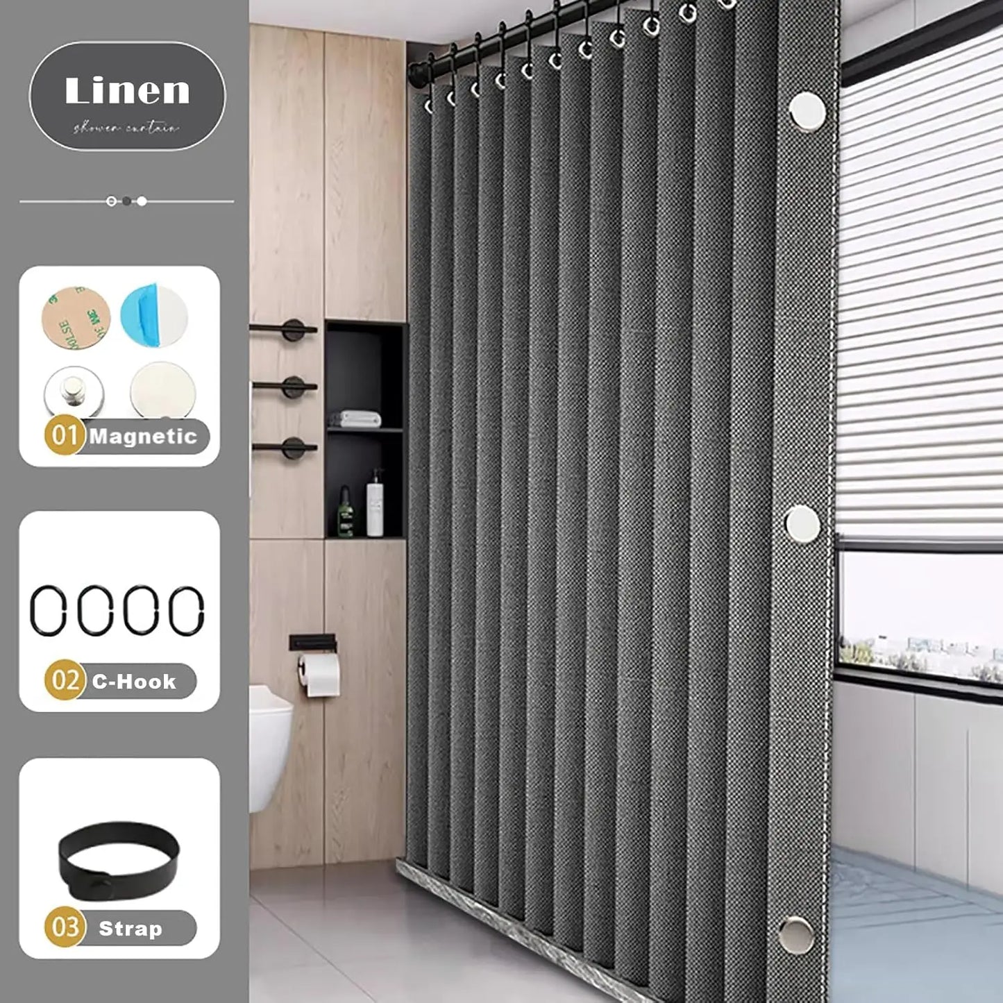 Folding Linen Shower Curtains for Bathroom with Magnets, Privacy Accordion Door Shower Curtain Waterproof with Punch-Free