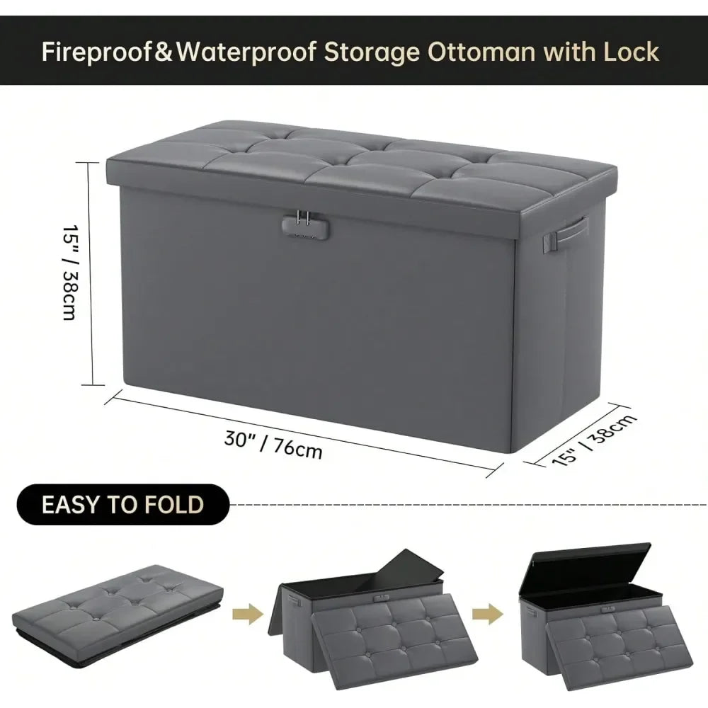 Ottoman Bench With Lock,Fireproof 30 Inches Folding Bench Foot Rest Stool Storage Chest For Living Room,Bedroom,Home Office,Wat