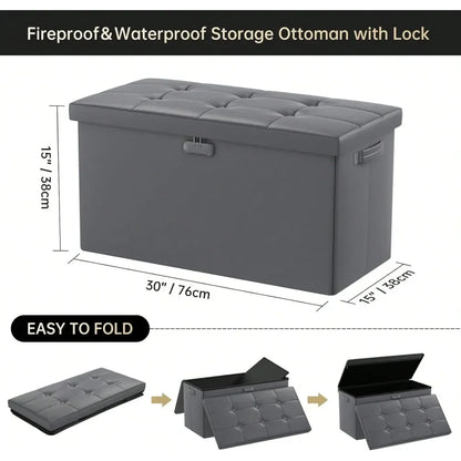 Ottoman Bench With Lock,Fireproof 30 Inches Folding Bench Foot Rest Stool Storage Chest For Living Room,Bedroom,Home Office,Wat