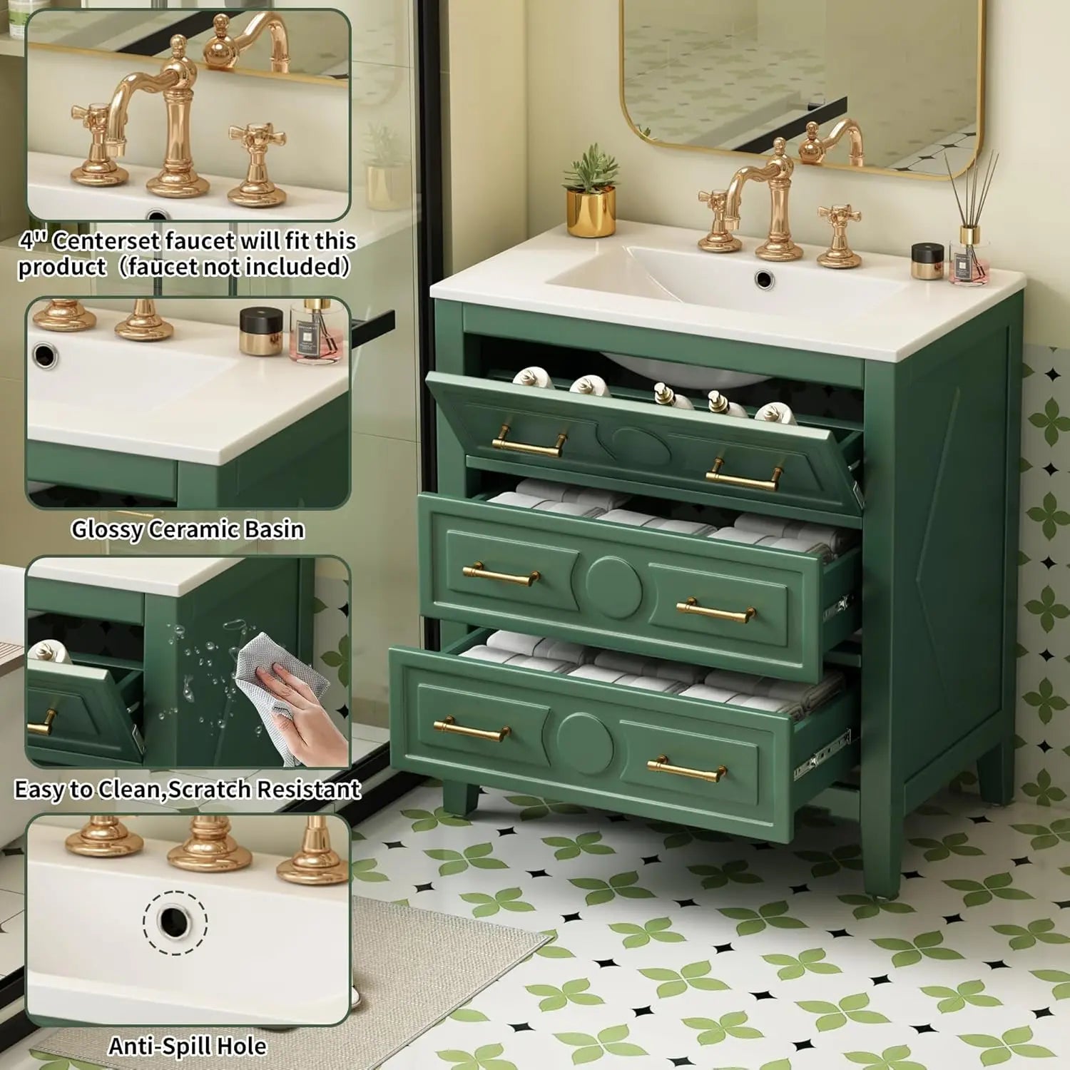 30in Solid Wood Bathroom Vanity Ceramic Sink Storage Cabinet Tip-Out &amp; 2 Full-Extension Drawers Bath Powder Room Customized
