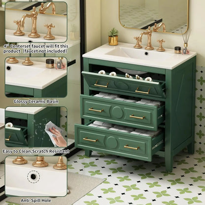 30in Solid Wood Bathroom Vanity Ceramic Sink Storage Cabinet Tip-Out &amp; 2 Full-Extension Drawers Bath Powder Room Customized
