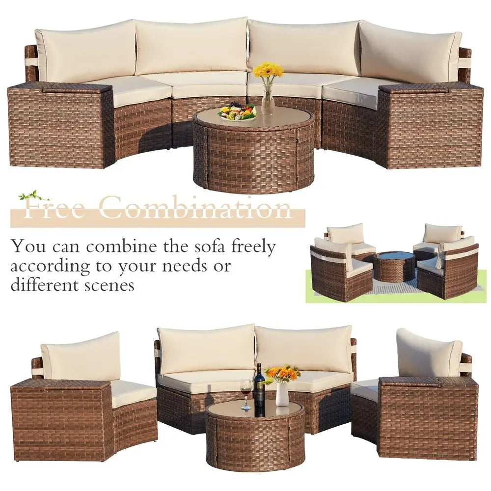 7 Piece Patio Furniture Sets, HalfMoon Circle Conversation Set, Curved Wicker Outdoor Sectional with 2 Storage Armrests and Gla