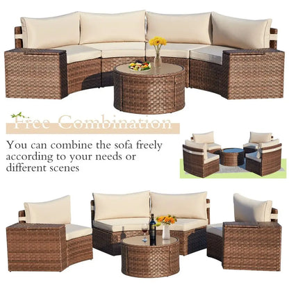 7 Piece Patio Furniture Sets, HalfMoon Circle Conversation Set, Curved Wicker Outdoor Sectional with 2 Storage Armrests and Gla