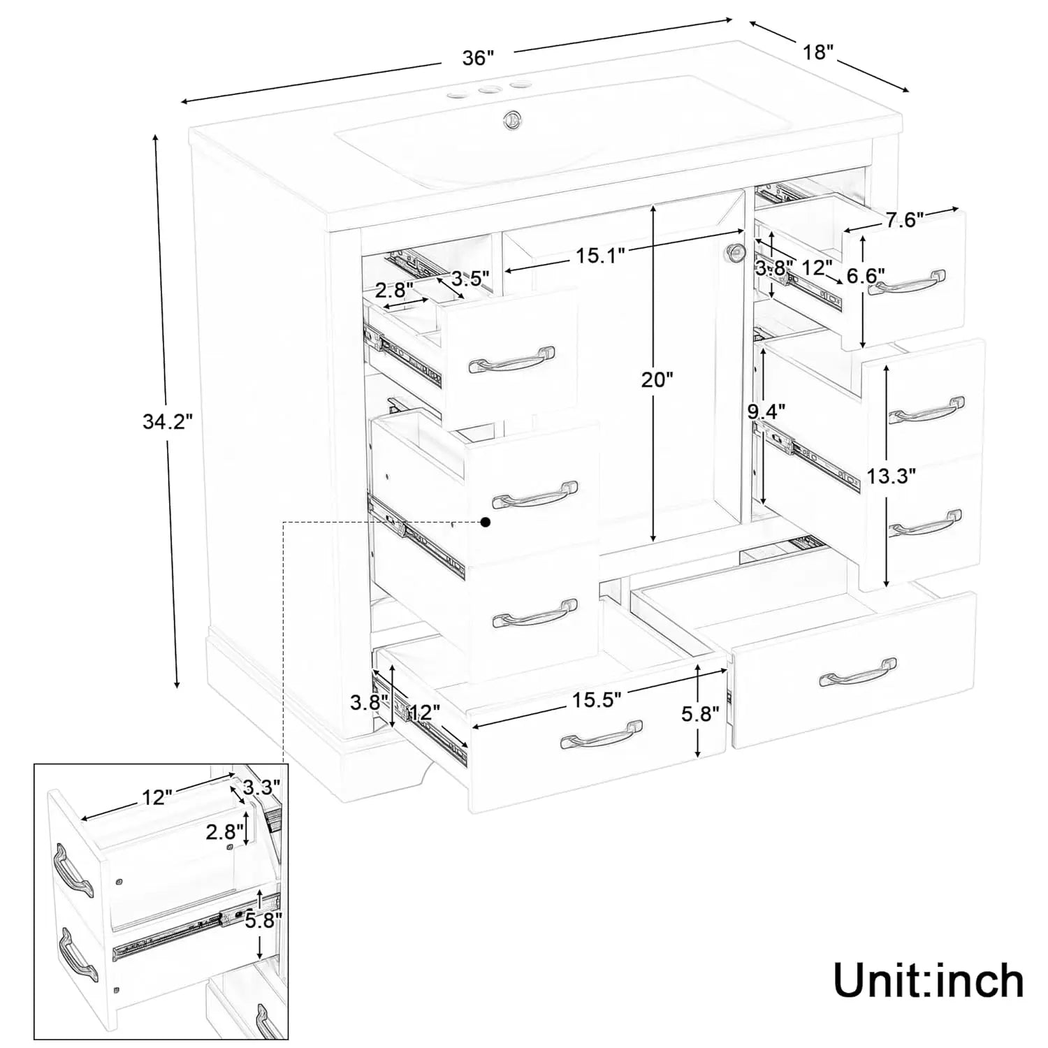 36in Bathroom Vanity Cabinet with Sink,6 Drawers Adjustable Shelf Soft-Close Door,Home Hotel,Customized