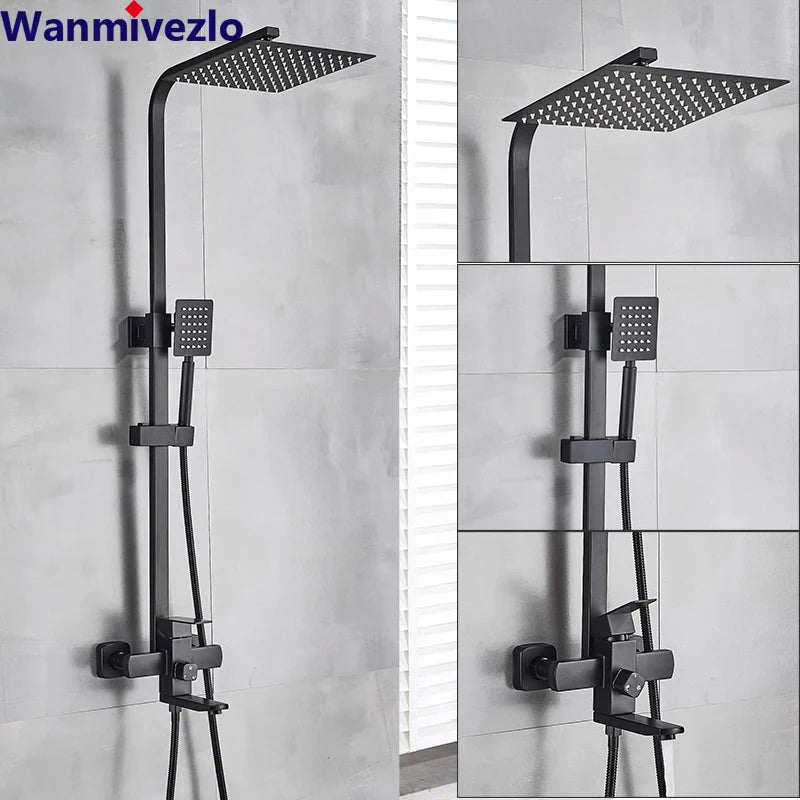 Bathroom Shower Faucet Wall Mounted 8" Shower Set Square Rainfall Hot Cold Water Bath Spout