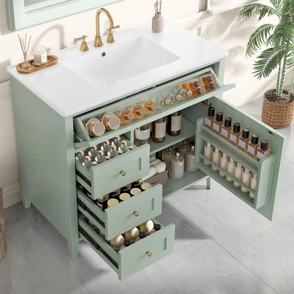 36" Free Standing Bathroom Vanity with Sink, Tip-Out Drawer &amp; 3 Drawers &amp; 2 Doors, Wood Cabinet with Ceramic Basin, Customized