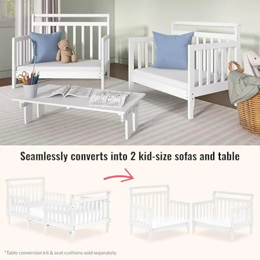 3-in-1 Convertible Toddler Bed in White, Low-to-Floor Design with Safety Rails, Baby Safety Alliance Certified