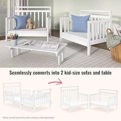 3-in-1 Convertible Toddler Bed in White, Low-to-Floor Design with Safety Rails, Baby Safety Alliance Certified