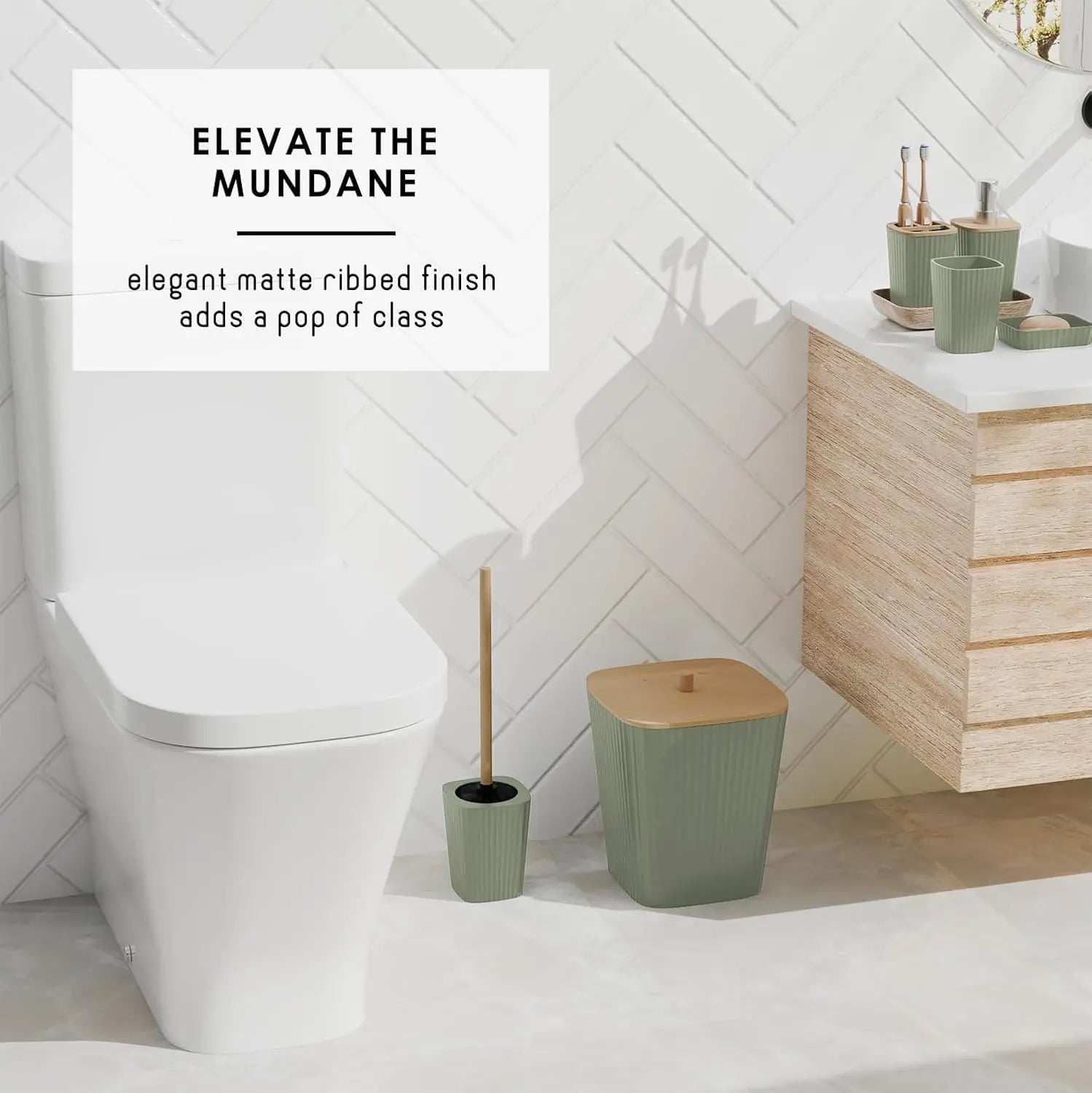 Sage Green Bathroom Accessory Set, 6PC with Toilet Brush, Trash Can &amp; Soap Dispenser for Modern Bathrooms