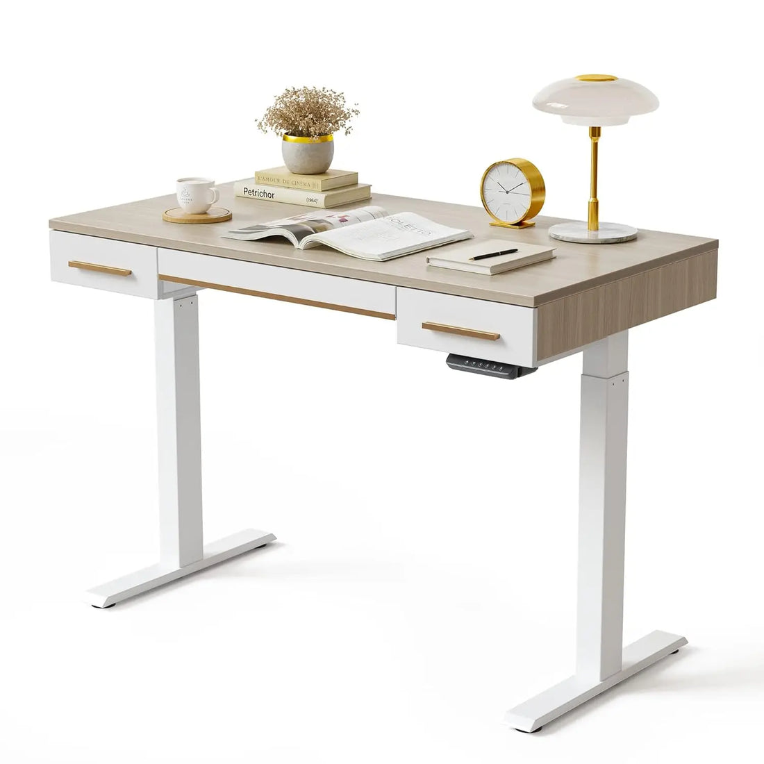 Mid Century Modern Electric Standing Desk with 3 Drawers, 48 x 26 Inches Whole Piece Sit Stand Up Home Office Desk,, Customized