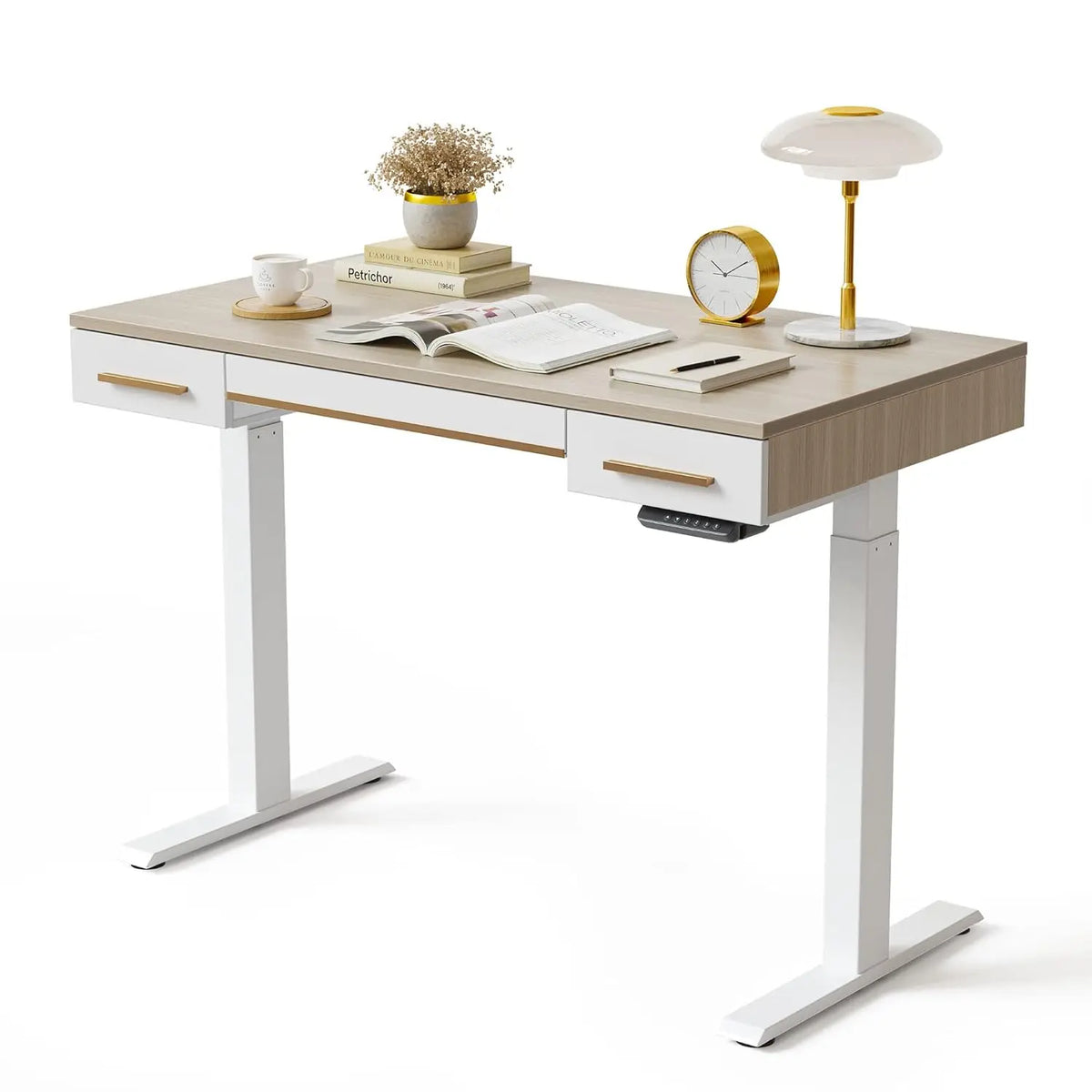 Mid Century Modern Electric Standing Desk with 3 Drawers, 48 x 26 Inches Whole Piece Sit Stand Up Home Office Desk,, Customized