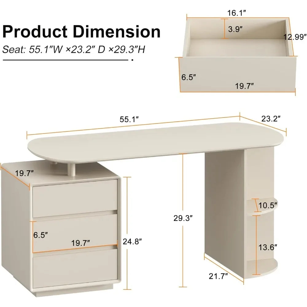 Desk with Drawers, 55inch Home Office White Desk with Drawers and Storage Shelves, Cream White Desk Modern Simple Style