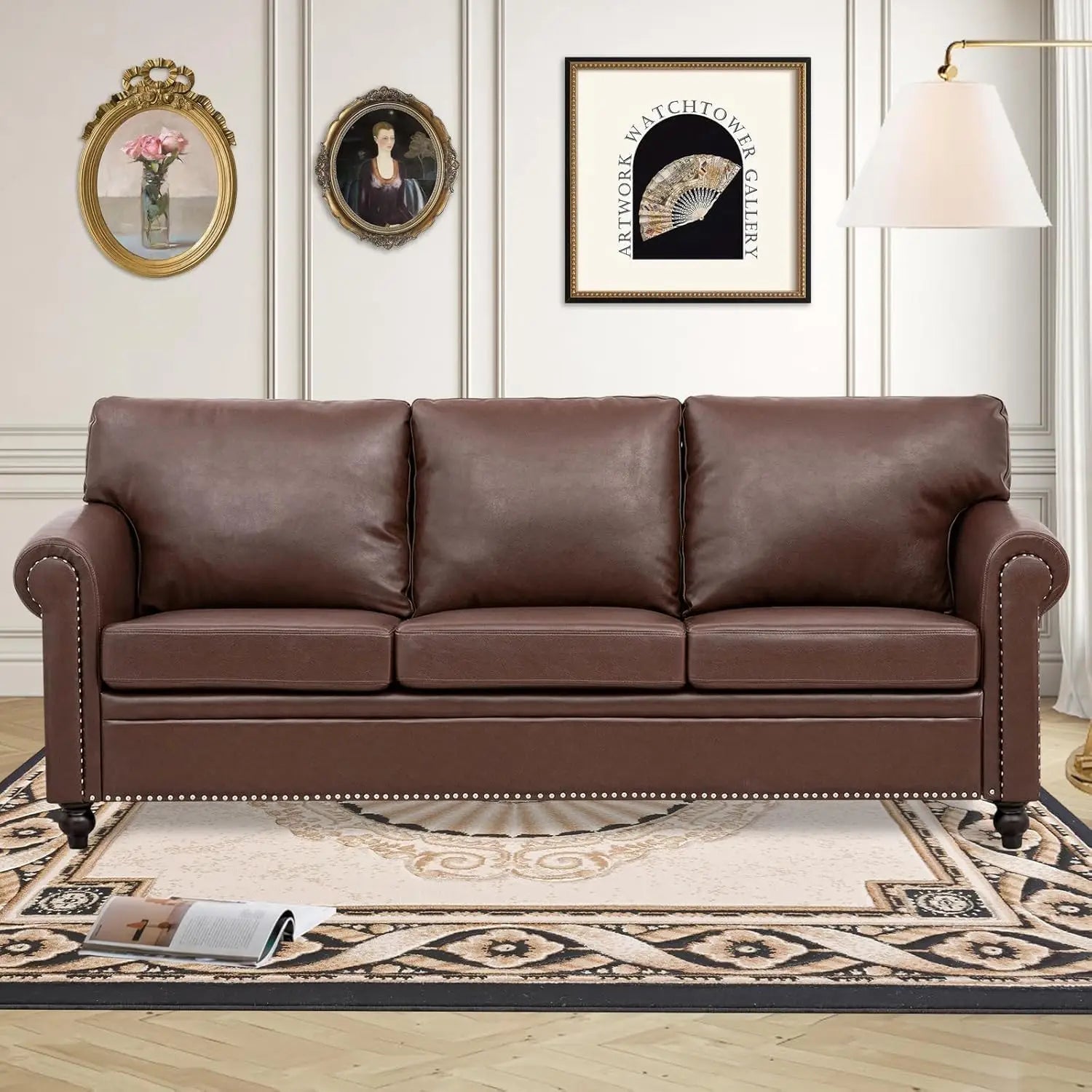 Brown Faux Leather Chair，Mid Century Modern Accent Chair Set for Office Bedroom Living Room with Deep Seats Detachable Cushions