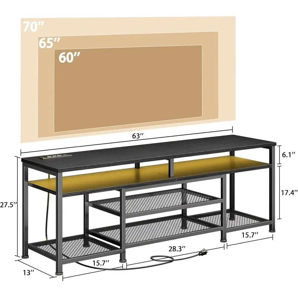 TV Stand with Power Outlets and LED Lights, 63 Inch Entertainment Center or 60 65 70 Inch TVs, Media ole Table with Open Shelves