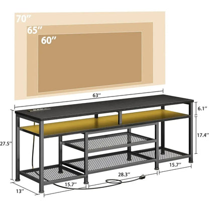 TV Stand with Power Outlets and LED Lights, 63 Inch Entertainment Center or 60 65 70 Inch TVs, Media ole Table with Open Shelves