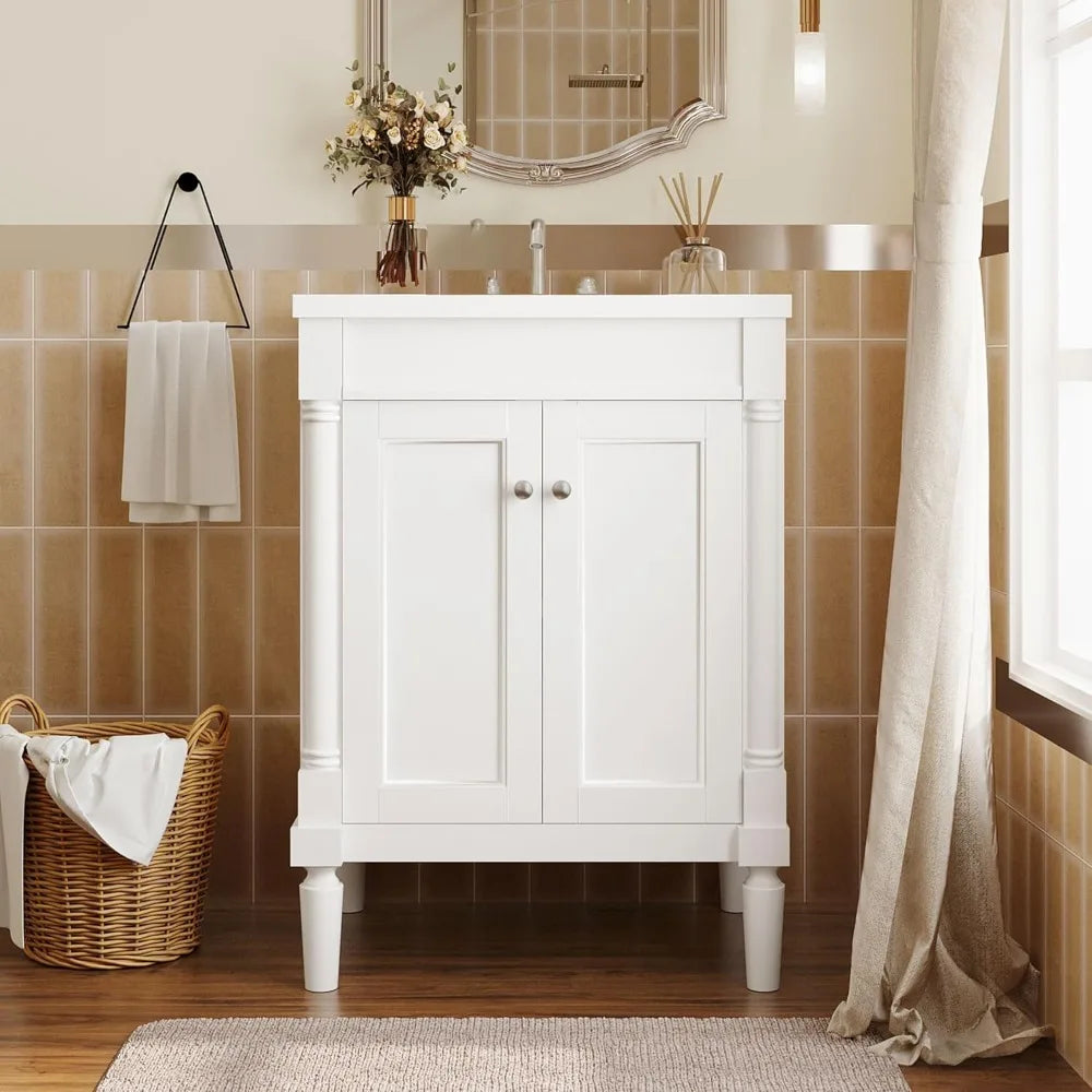 24 Inch Bathroom Vanity with Single Sink Combo Set, Modern Bathroom Storage Cabinet with Double Soft Closing Doors, Solid Wood F
