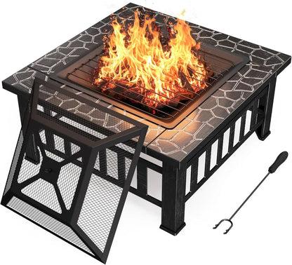 Outdoor Metal Fire Pit Table with Waterproof Cover for Patios