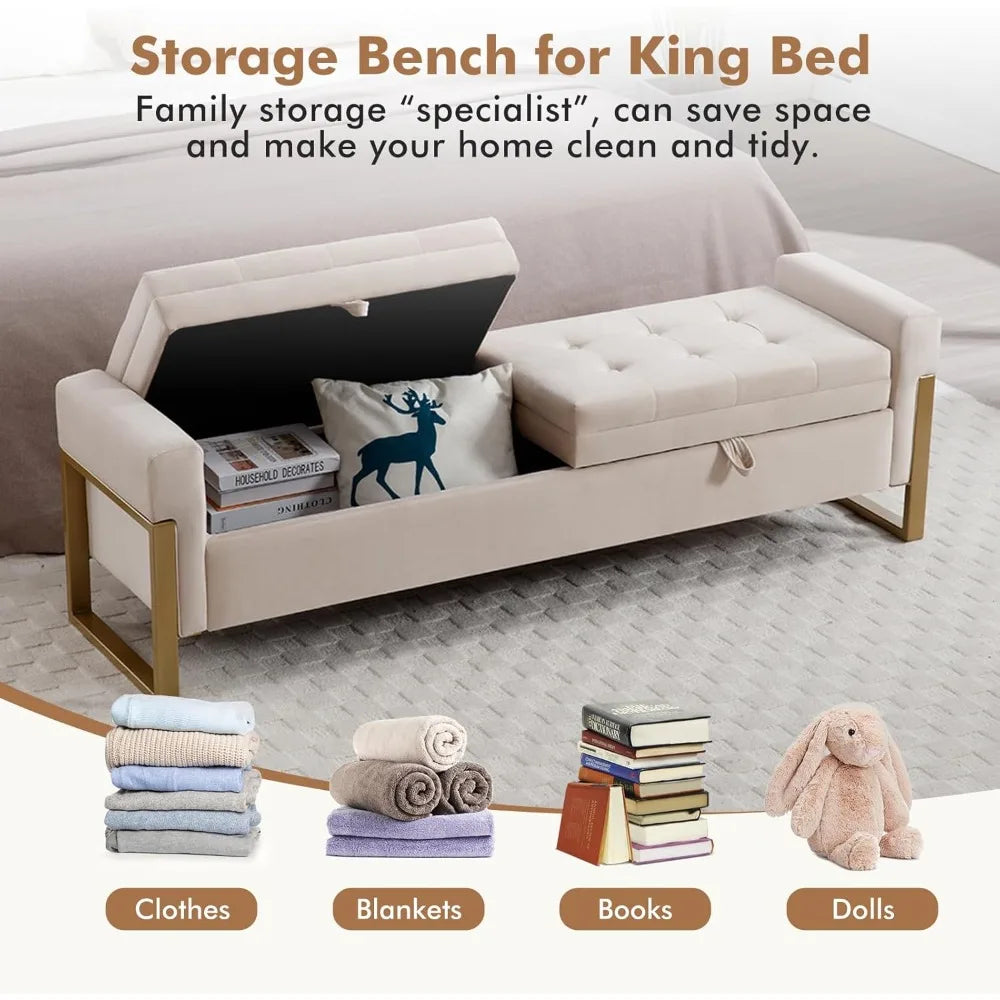 67" Storage Bench for Bedroom End of Bed, Velvet King Size Bed Bench with Double Lids and Gold Legs, Storage Ottoman Bench with