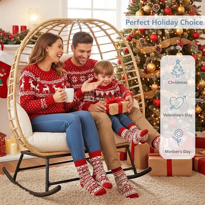 Double Egg Swing Chair Outdoor Indoor 2-Person Wicker Rocking Loveseat with Cushions, Patio Lounge for Balcony Backyard
