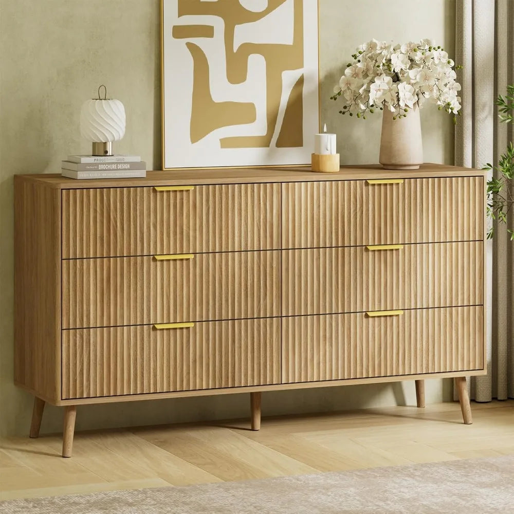 Natural Oak Dresser and Nightstand Set for Bedroom, Modern 3 Pieces Bedroom Furniture Set with Fluted Panel, Large 6 Drawer Dre