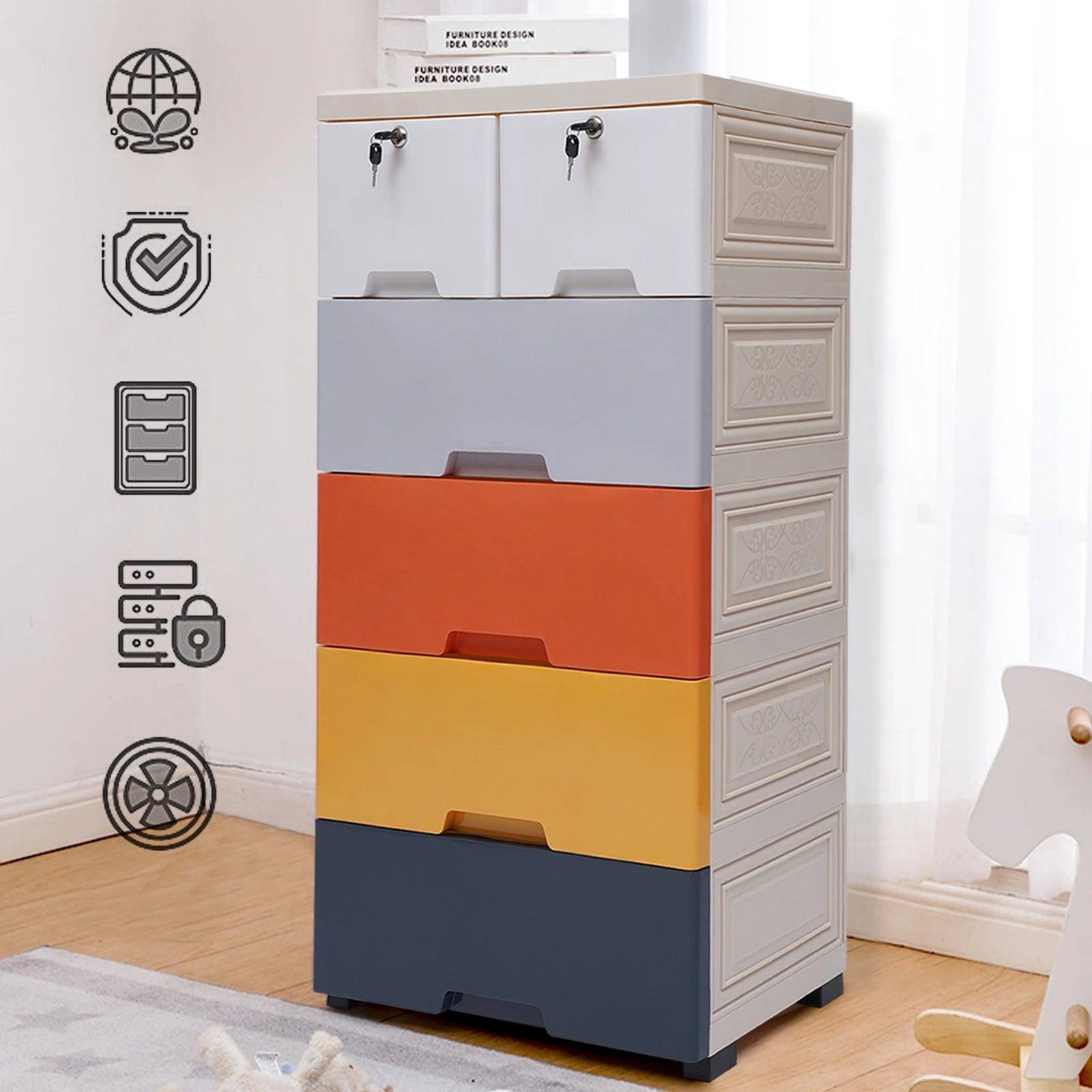 5-Tier Dresser Drawer Multi-Usage W/ Two Locks Bedroom Plastic Clothes Cupboard