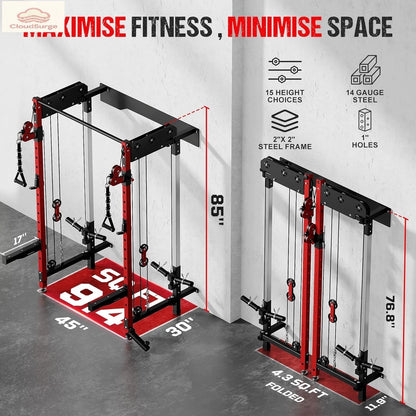 WM3-V4 Folding Squat Rack, Wall Mounted Power Rack with Dual Independent Pulley System