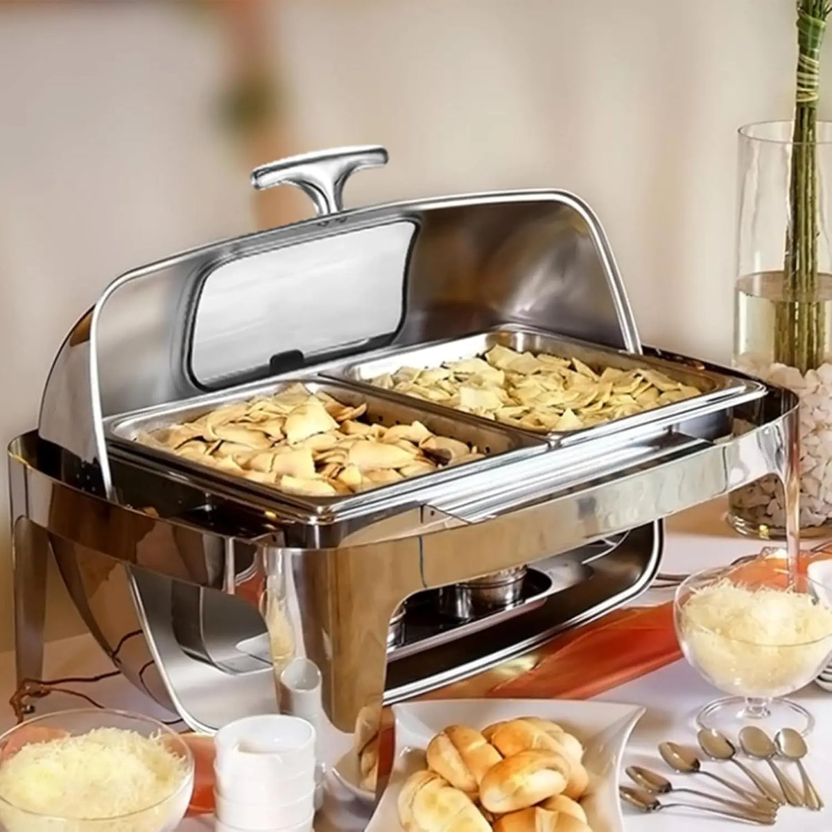 Roll Top Chafing Dish Buffet Set,9 Qt Stainless Steel Food Warmer with Viewing Lid, Rectangular Chafing Dish for Party &amp; Buffet
