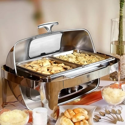 Roll Top Chafing Dish Buffet Set,9 Qt Stainless Steel Food Warmer with Viewing Lid, Rectangular Chafing Dish for Party &amp; Buffet