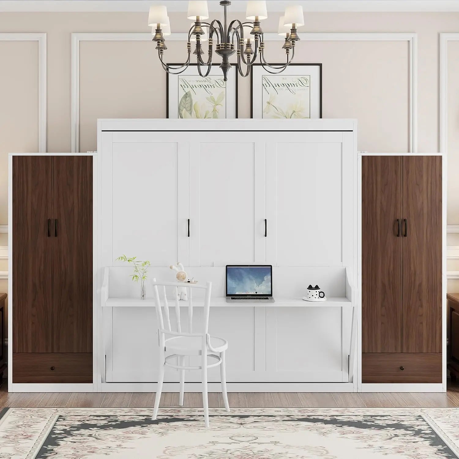 Queen Murphy Bed Wood Wall Bed with 2 Closets &amp; Storage Shelf Foldable Platform Frame for Guest Room Bedroom Walnut, Customized