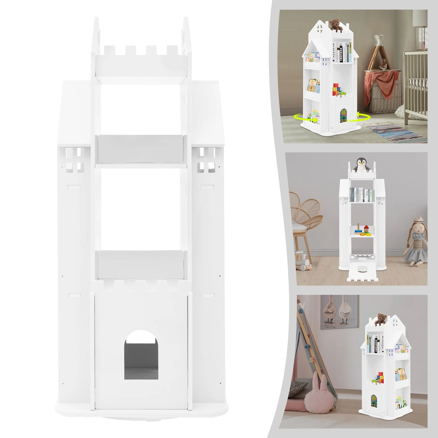 Rotating Kids Bookshelf 7 Tier Castle Design Book Toy Storage Organizer Book Display Shelf for Home Bedroom,3 Colors