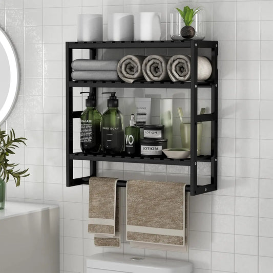 XMSJ Bamboo Towel Rack Over Toilet With Adjustable Shelf