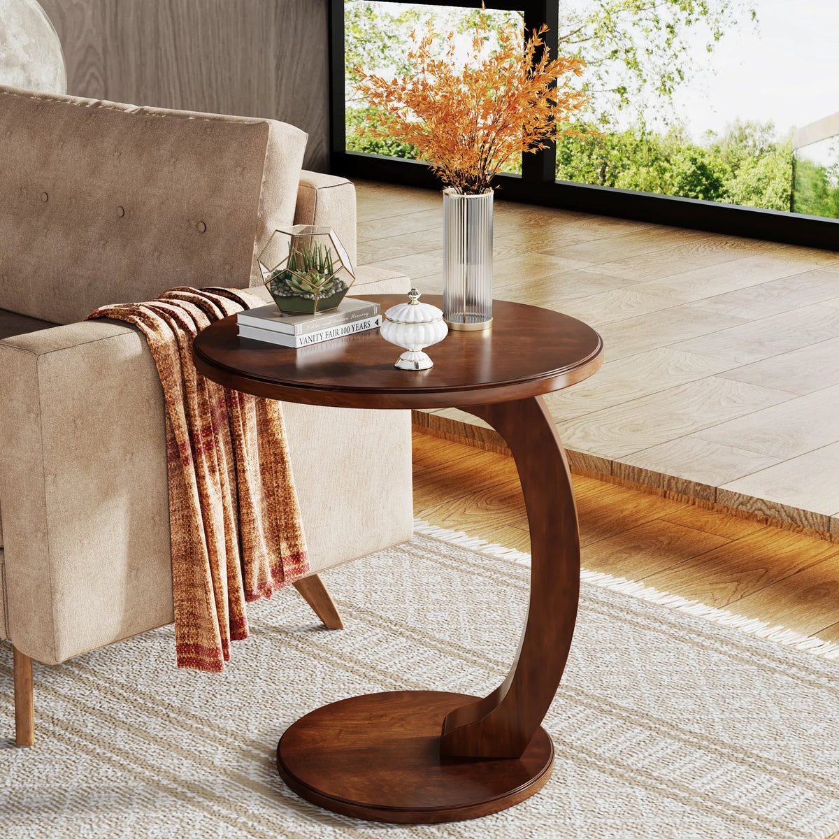 Tribesigns Round C Shaped Wood End Table Couch Side Table