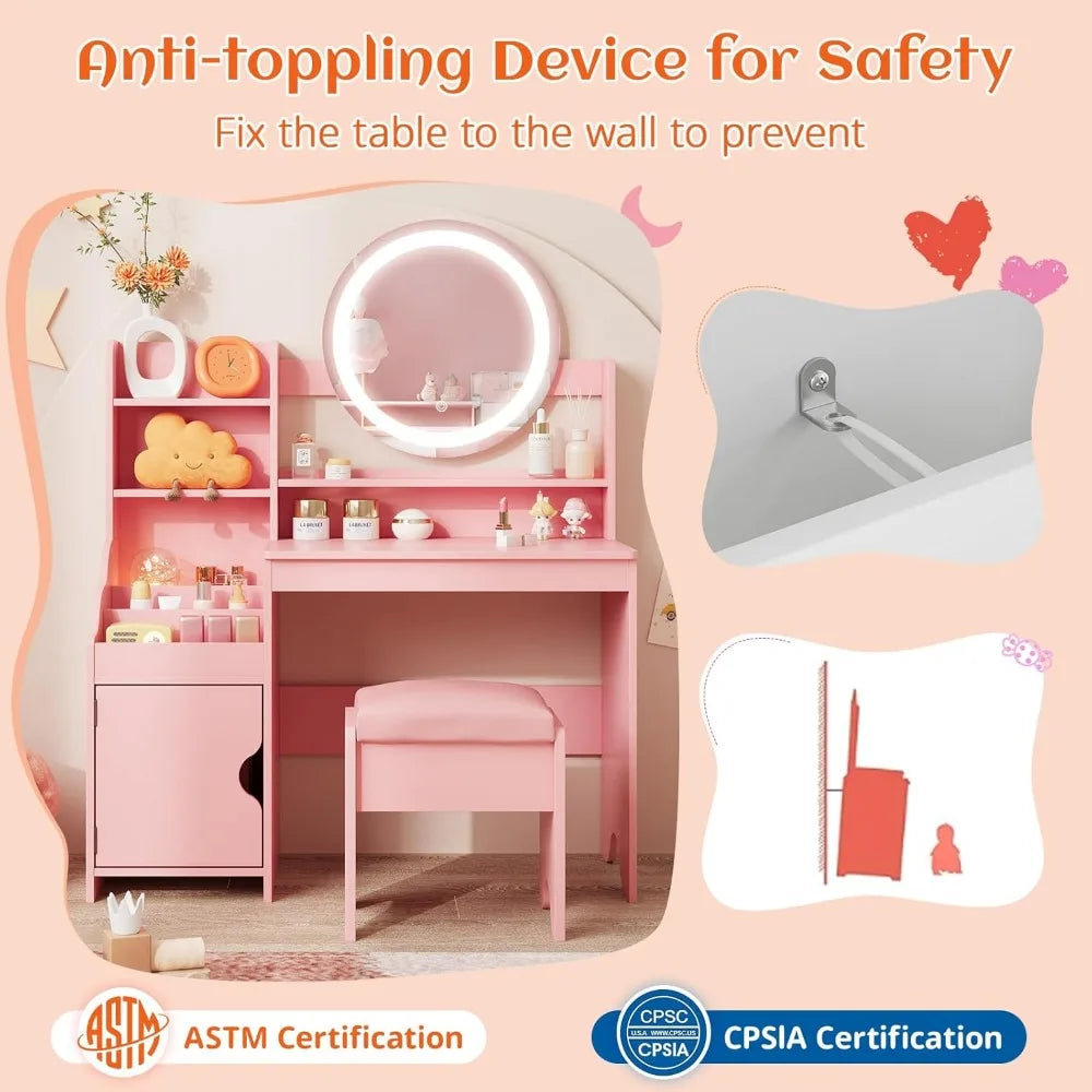 Kids Vanity with Lights, Princess Makeup Vanity Desk with Open Bookshelf, Storage Cabinet &amp; Shelves, Toddler Vanity Tabl