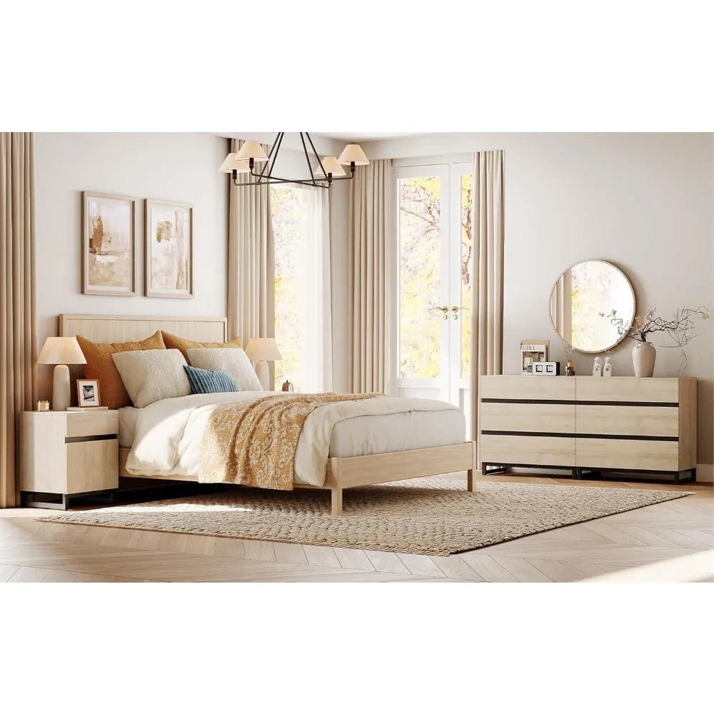 Dresser and Nightstand Set of 3, 63 Inches Dresser with 6 Drawers, 2 Nightstand with Drawer and Cabinet for Bedroom, Bedroom Fu