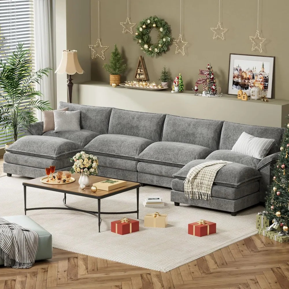 Sectional Modular Sofa U Shaped Chenille Fabric Couch with High Supportive &amp; Soft Sponges and Removable Ottoman, Sleeper Comfy
