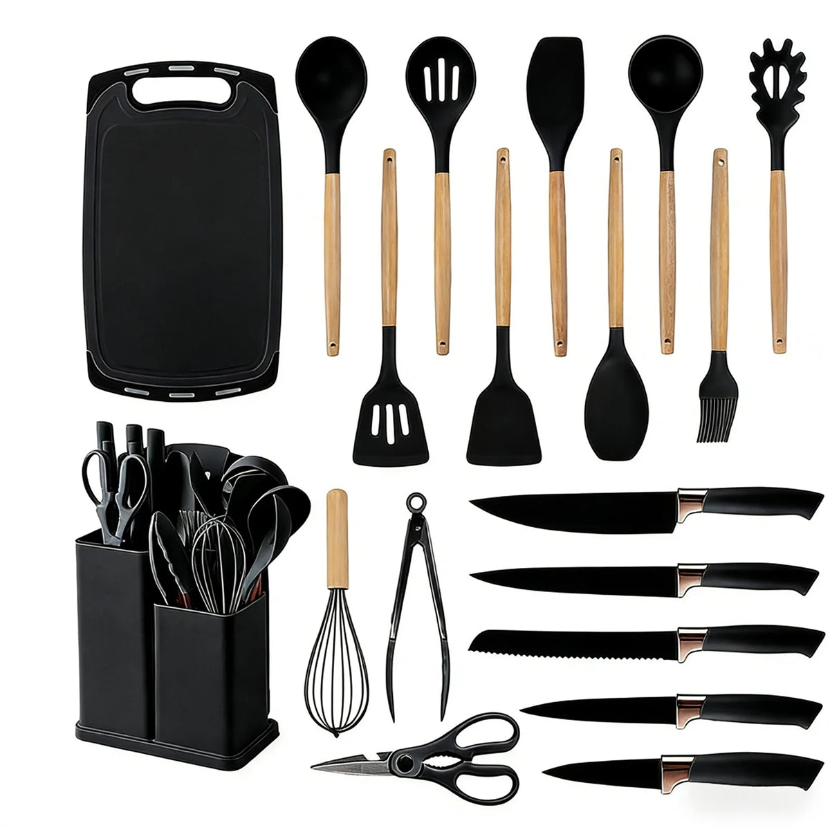 19PCS Silicone Kitchen Utensils Set with Wooden Handle Heat Resistant Nonstick Cooking Tools with Knife Set &amp; Utensil Holder