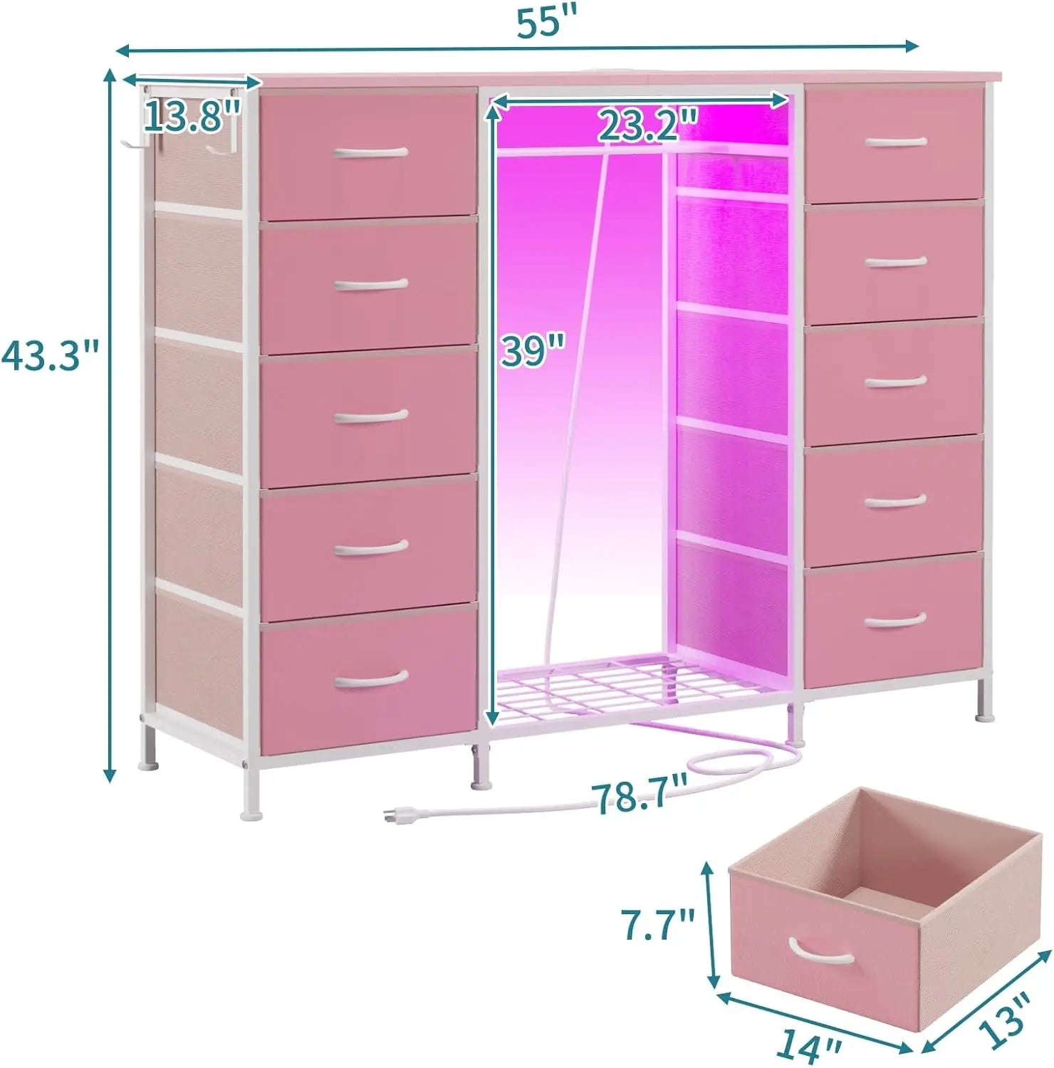 2-in-1 Dresser with Hanging Rack, 10 Drawers Dresser for Bedroom,Dressers with Fabric Drawers,LED Lights, Charging Station