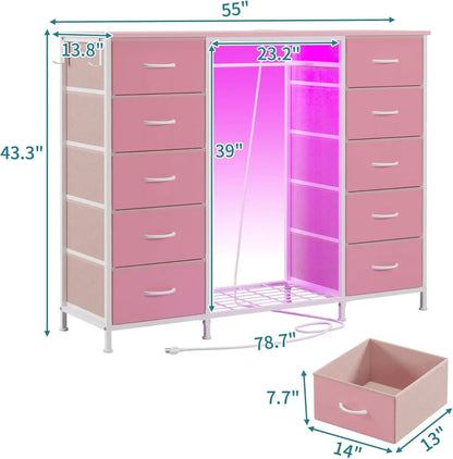2-in-1 Dresser with Hanging Rack, 10 Drawers Dresser for Bedroom,Dressers with Fabric Drawers,LED Lights, Charging Station
