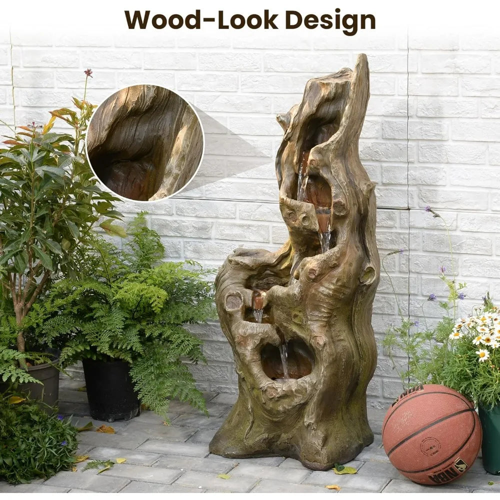 Water Fountain Outdoor 5-Tiers Large Cascading Realistic Tree Trunk Natural Waterfall Outdoor Fountain Resin Imitation Wood