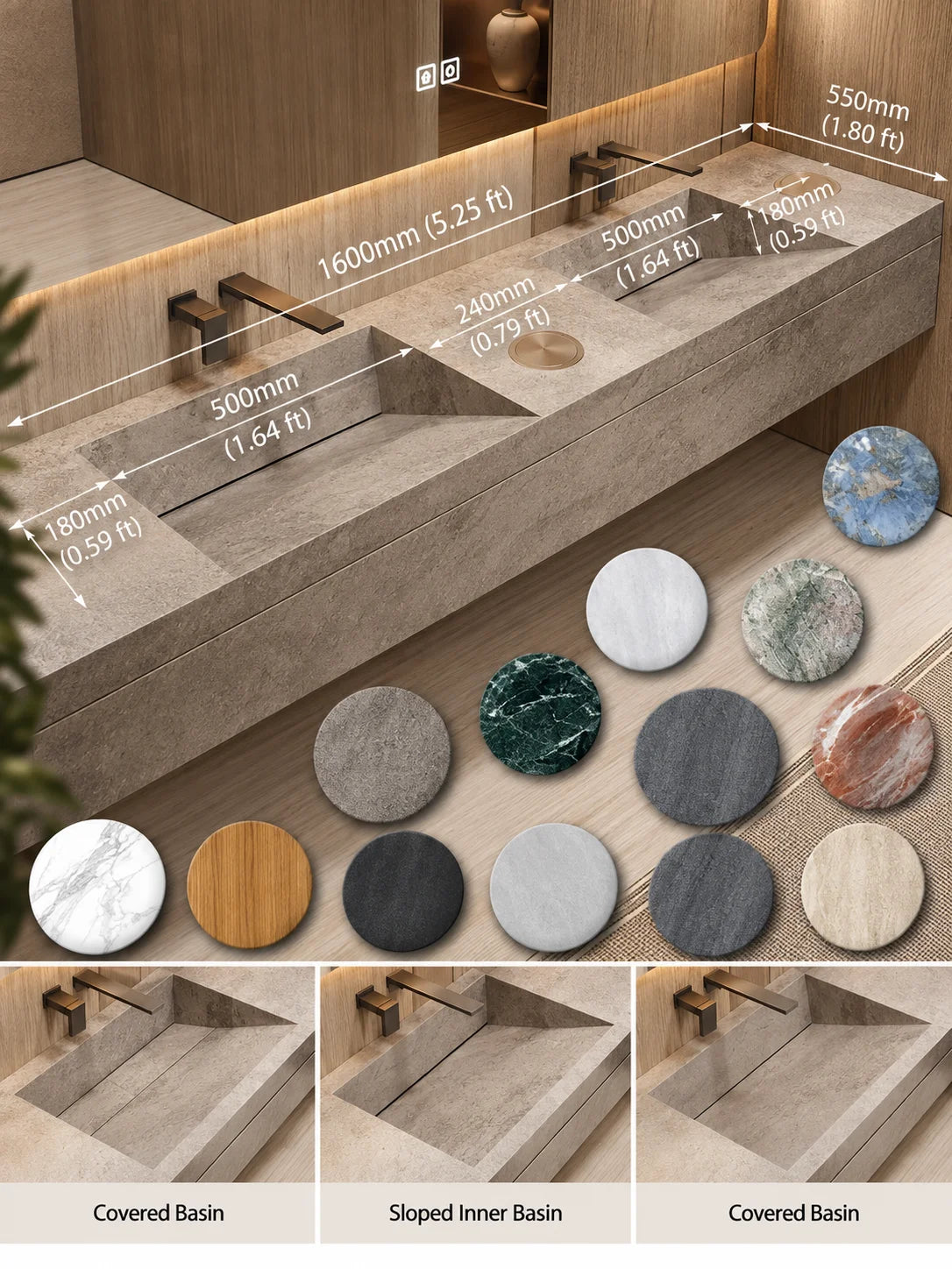 Custom Luxury Natural Stone Bathroom Vanity With Integrated Dual Basin