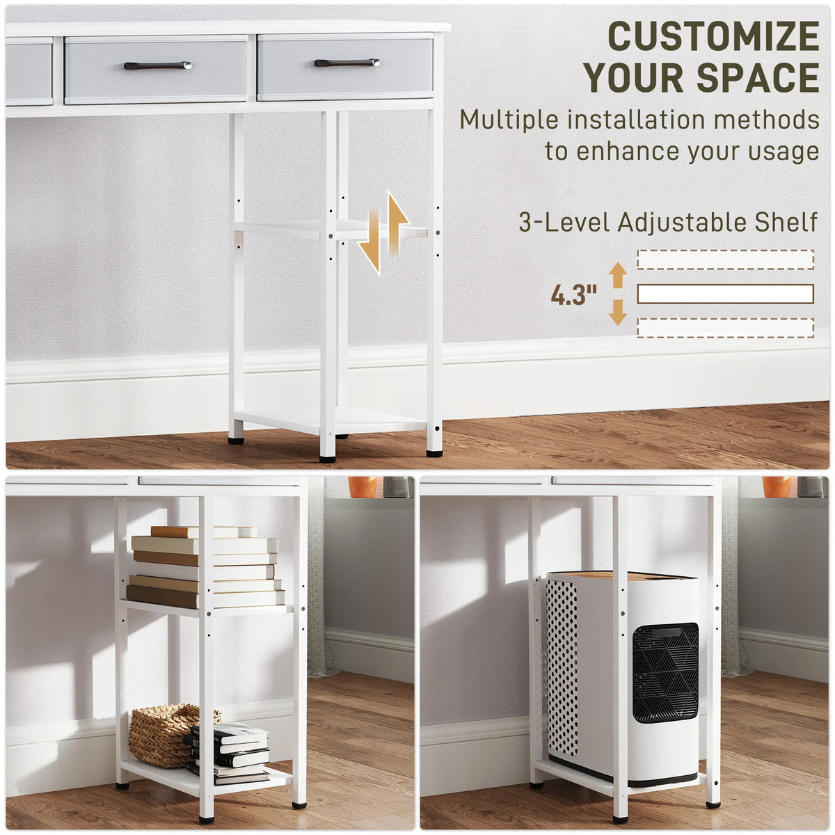 Computer Desk With Three Fabric Drawers And Adjustable Storage Shelves