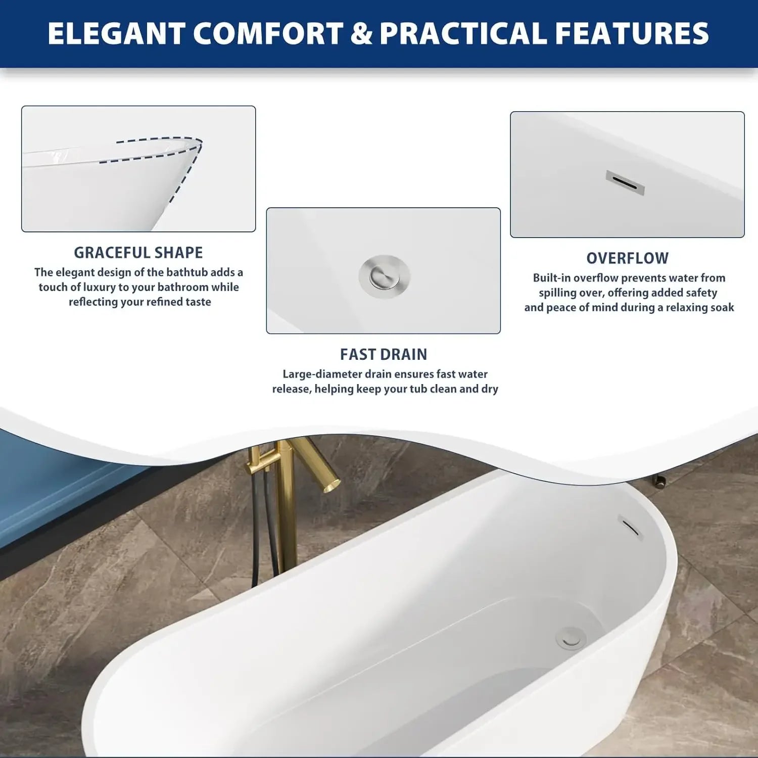 67 Inch Acrylic Freestanding Soaking Bathtub Contemporary Soaking White Tub Stand Alone Ergonomic Bathtub with Chrome Drain and